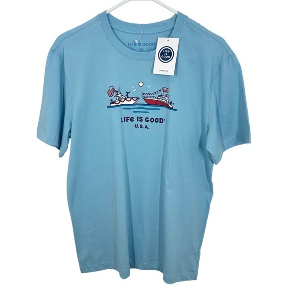 Life is Good USA Boating Patriotic Graphic T Shirt Light Blue Mens Medium NWT